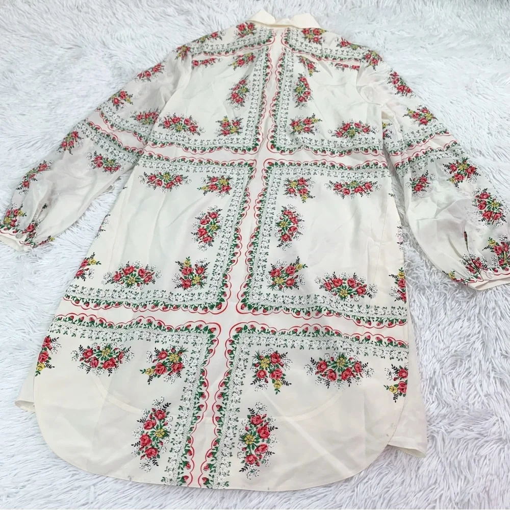 Tory Burch long sleeve‎ pleated garden veil floral silk shirt dress in cream